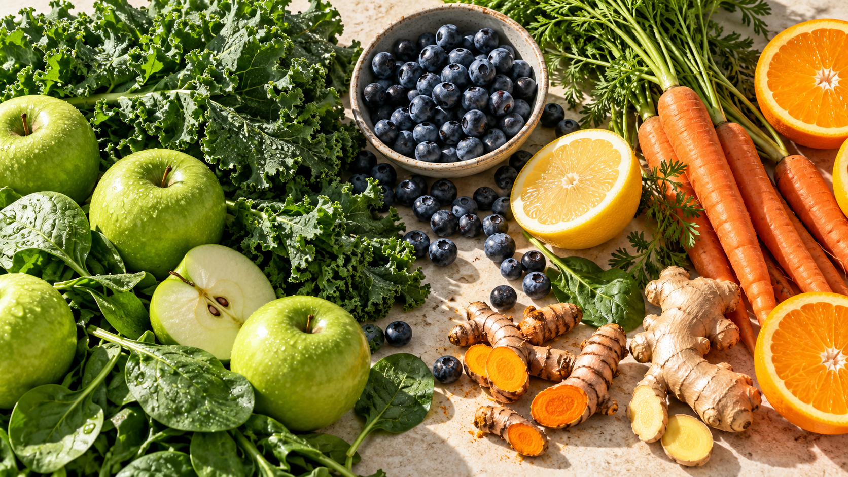 Leafy greens, apples, blueberries, lemon, carrot, citrus and turmeric in the sunlight